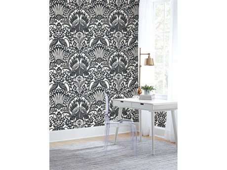 York Wallcoverings Black & White Resource Library Black White Egret Damask Wallpaper