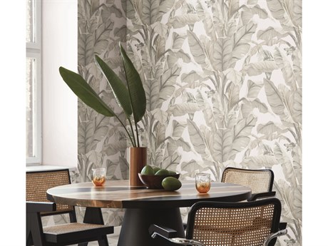 York Wallcoverings Black & White Resource Library White Cream Banana Leaf Wallpaper