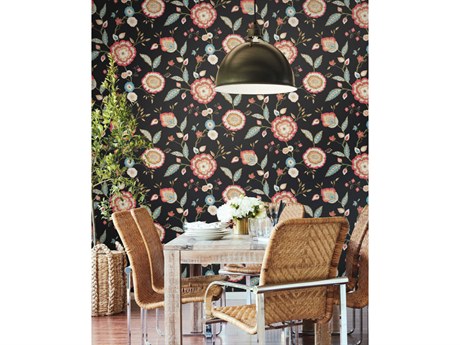 York Wallcoverings Greenhouse Black Pink Metallic Dahlia Blooms Wallpaper