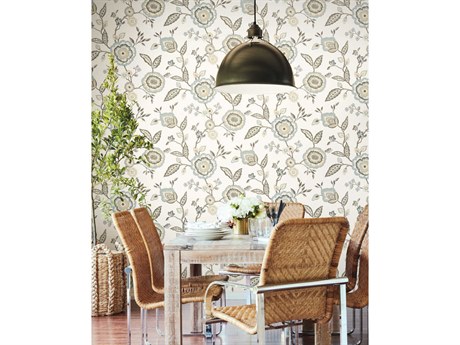 York Wallcoverings Greenhouse Off White Blue Dahlia Blooms Wallpaper