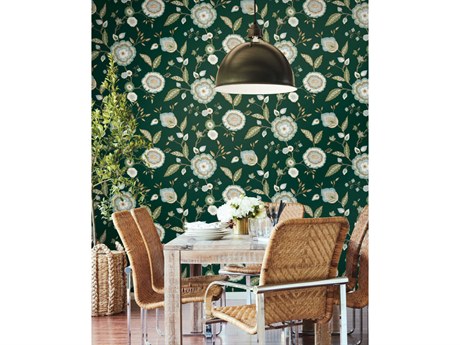 York Wallcoverings Greenhouse Green Blue Metallic Dahlia Blooms Wallpaper