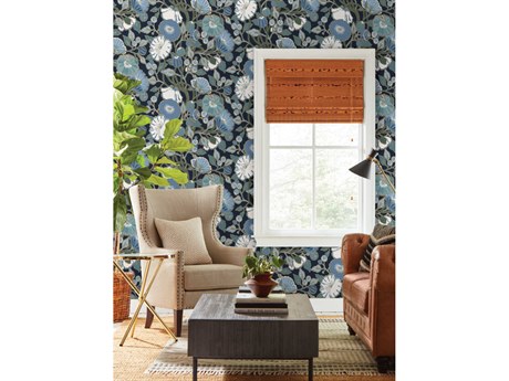 York Wallcoverings Greenhouse Black Blue Metallic Poppies Wallpaper