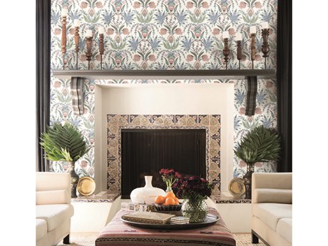 York Wallcoverings Mediterranean Pink Blue Seaside Jacobean Wallpaper