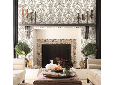 York Wallcoverings Mediterranean Taupe Blue Seaside Jacobean Wallpaper