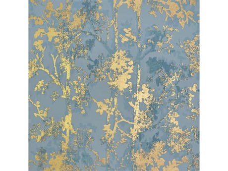York Wallcoverings Antonina Vella Modern Metals Blue Gold Shimmering Foliage Wallpaper