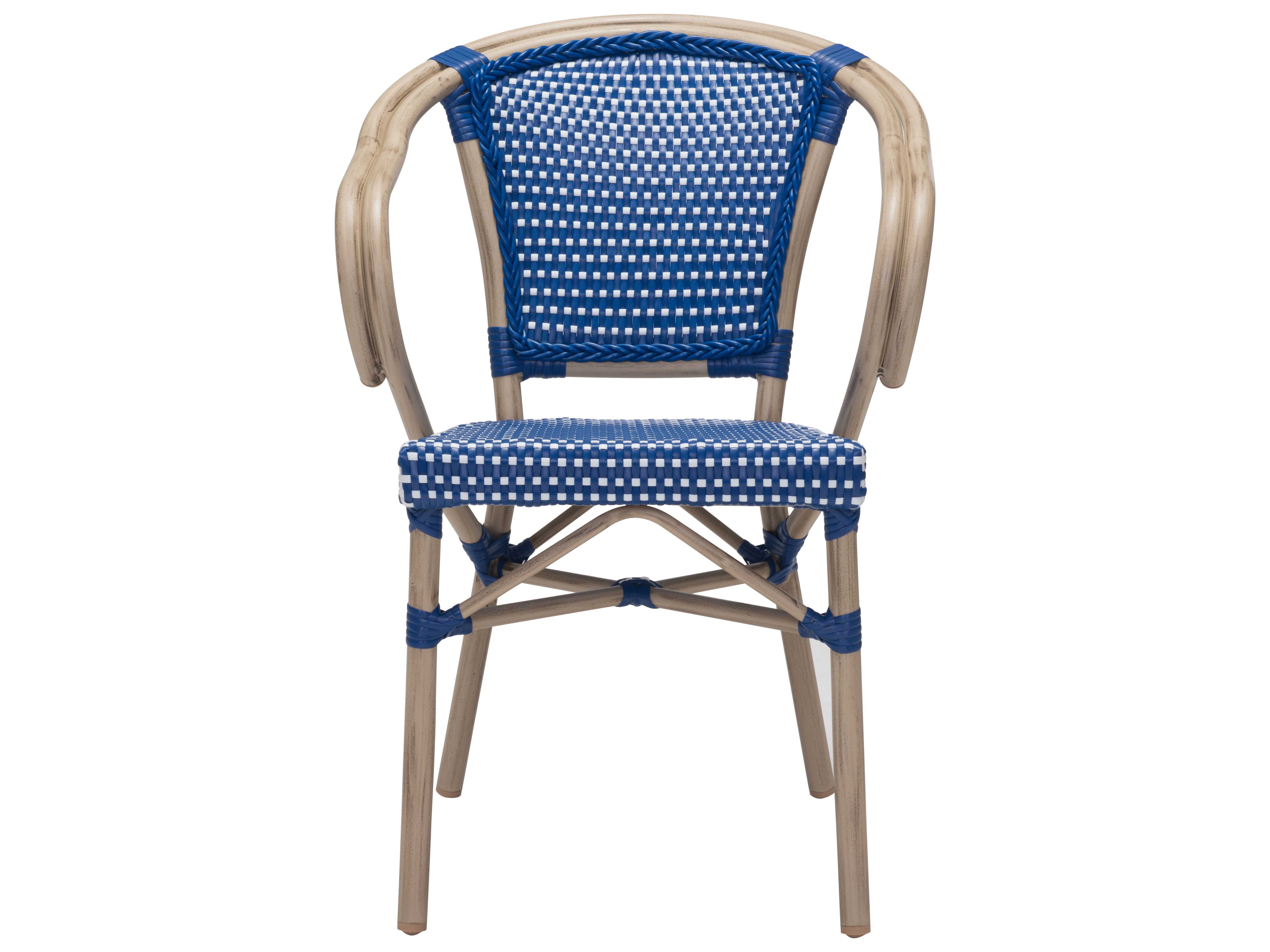 Zuo Outdoor Paris Aluminum Wicker Dining Arm Chair in Navy Blue & White