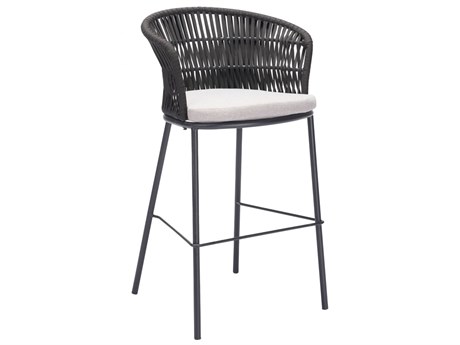 Zuo Outdoor Bar Black 23.2''W x 21.7''D x 39.8''H Rope Cushion Side Stationary Patio Stool