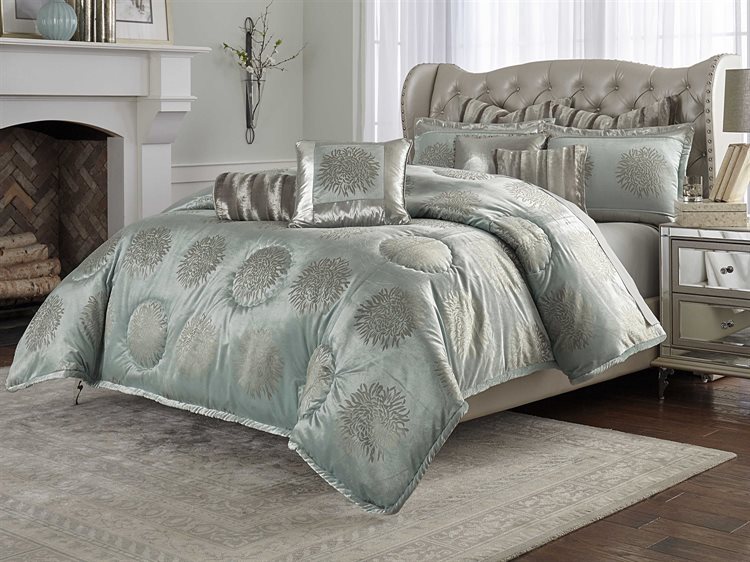 Aico Furniture Michael Amini Hollywood Swank Regent Ice Blue Ten Piece King Comforter Set