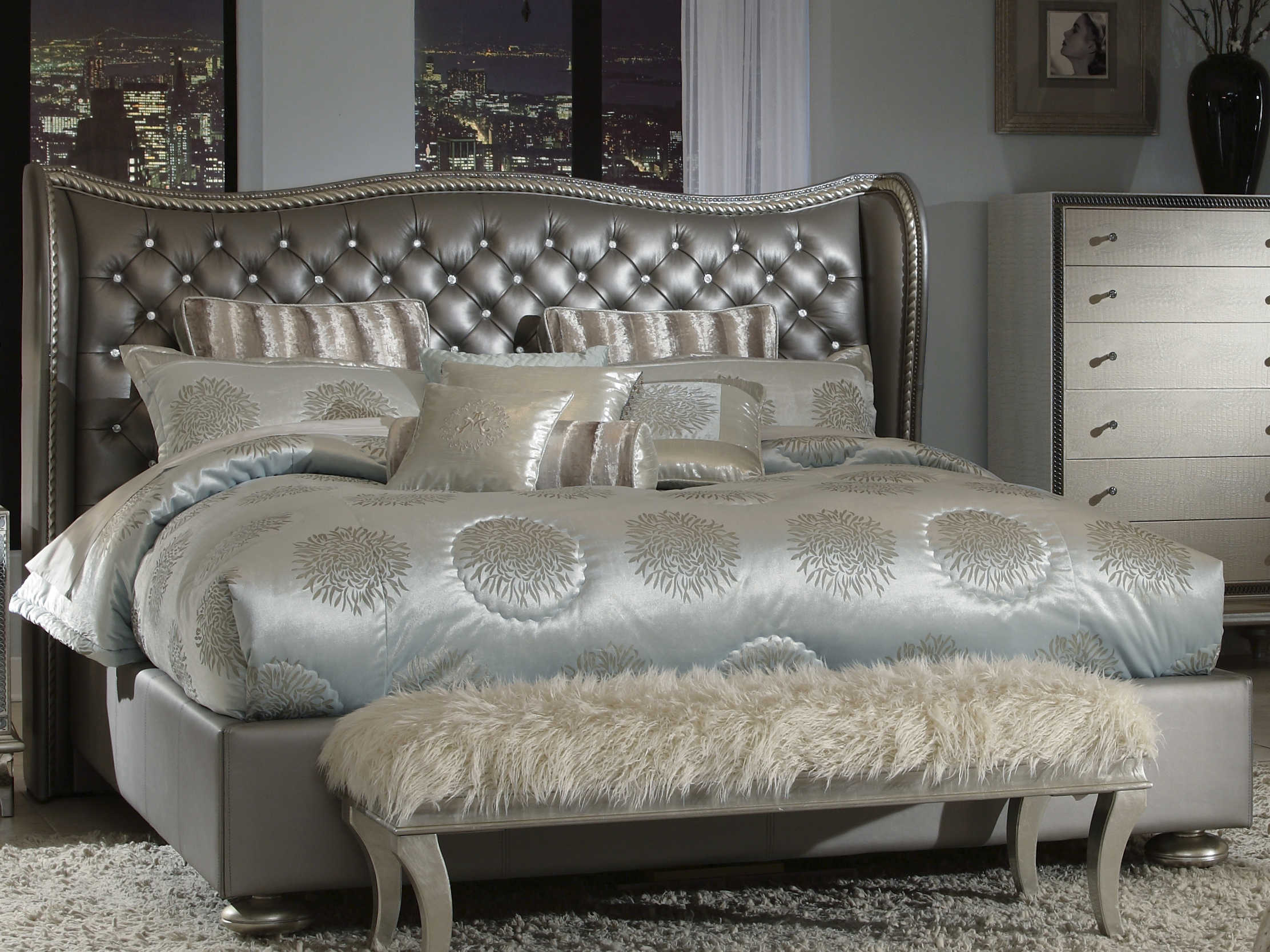 Aico Furniture Michael Amini Hollywood Swank Metallic Graphite Eastern King Size Platform Bed