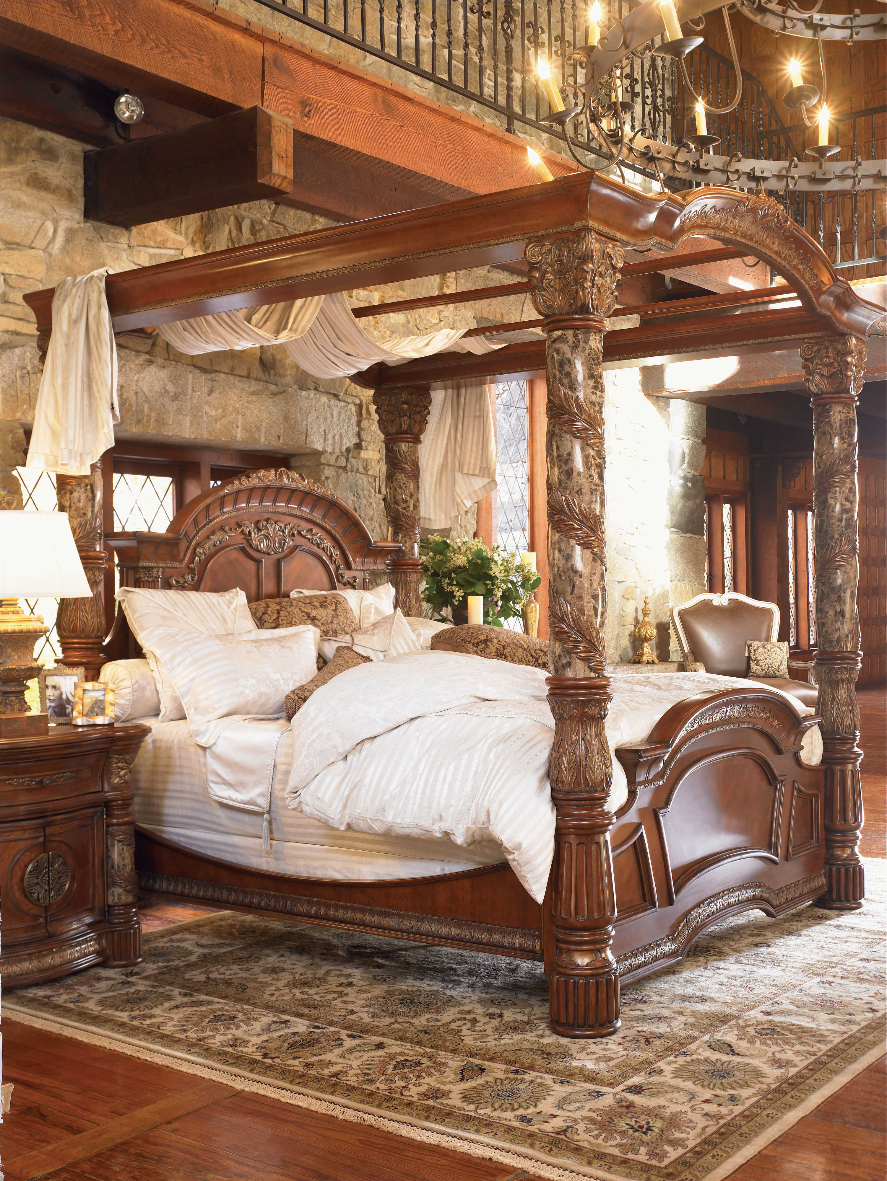 Aico Furniture Michael Amini Villa Valencia Classic Chestnut Eastern King Size Poster Bed With Canopy