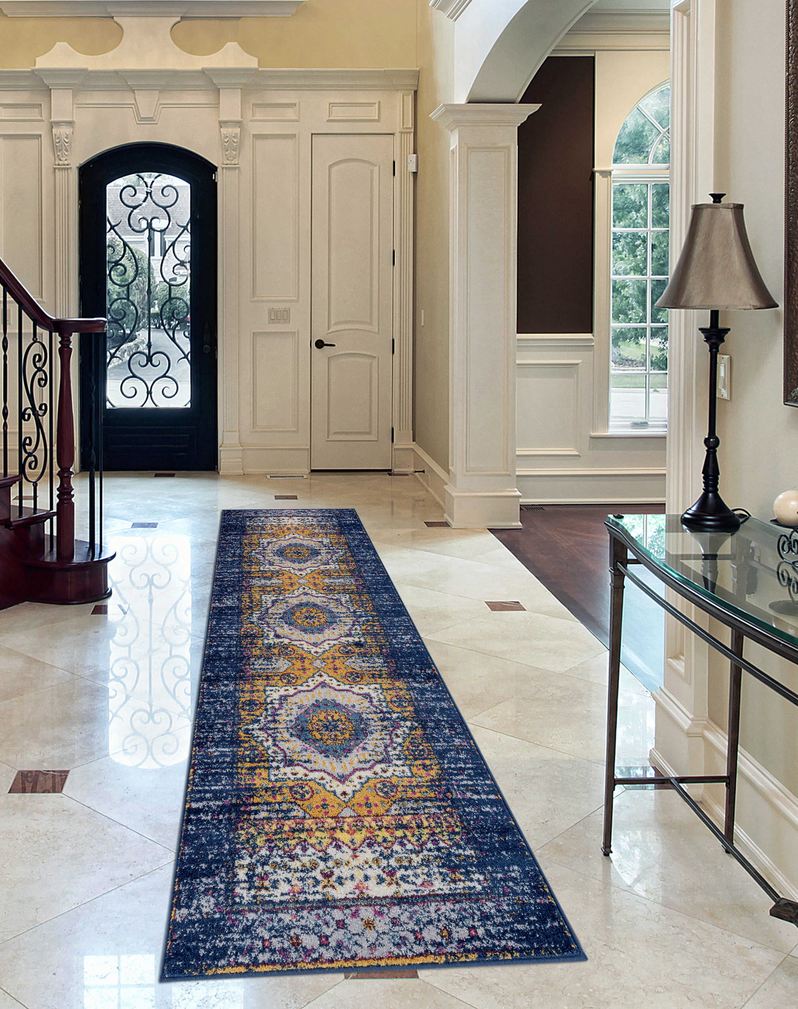 Amer Rugs Manhattan Navy Orange Teal Pink Yellow Ivory Runner Area Rug