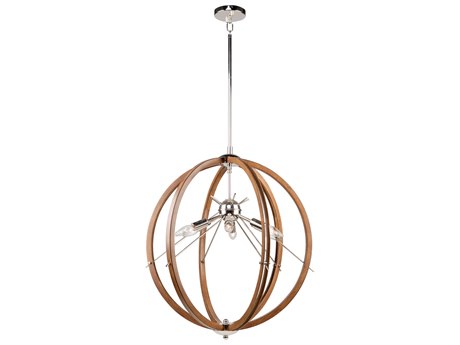 Artcraft Abbey 6-Light Faux Wood Polished Nickel Brown LED Round Pendant