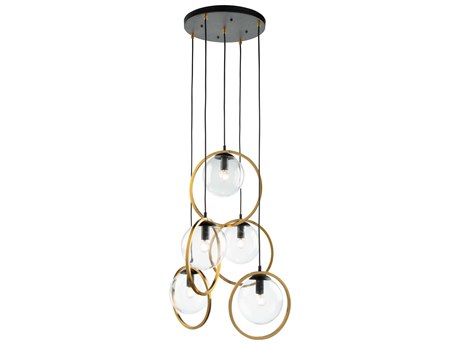 Artcraft Lugano 5-Light Black Vintage Brass Glass LED Globe Round Pendant