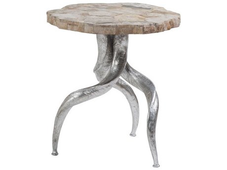 Artistica Peck Round Petrified Wood With Silver Leaf End Table