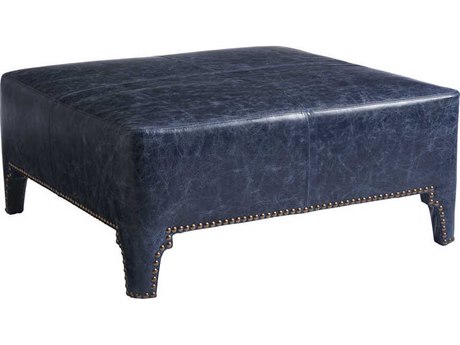 Barclay Butera Upholstery Sheffield Cocktail Blue Leather Ottoman