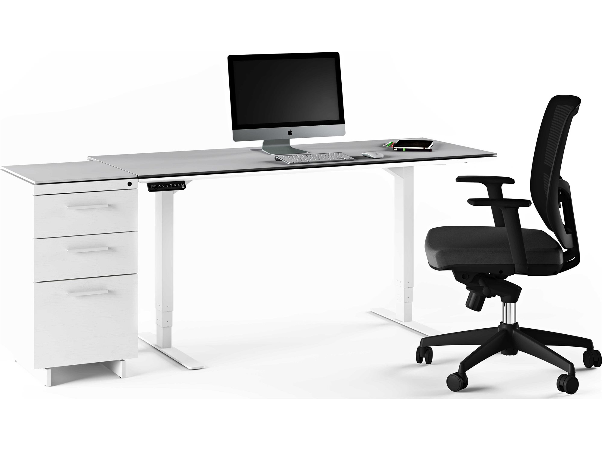 Bdi Centro Satin White Grey Etched Glass Small Lift Desk Office Set