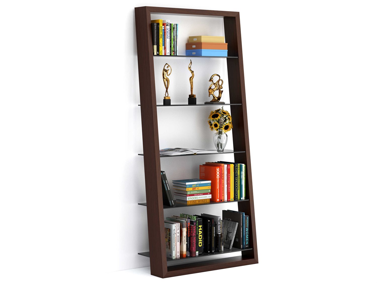BDI Eileen 34''W x 74''H Chocolate Stained Walnut Leaning Bookcase