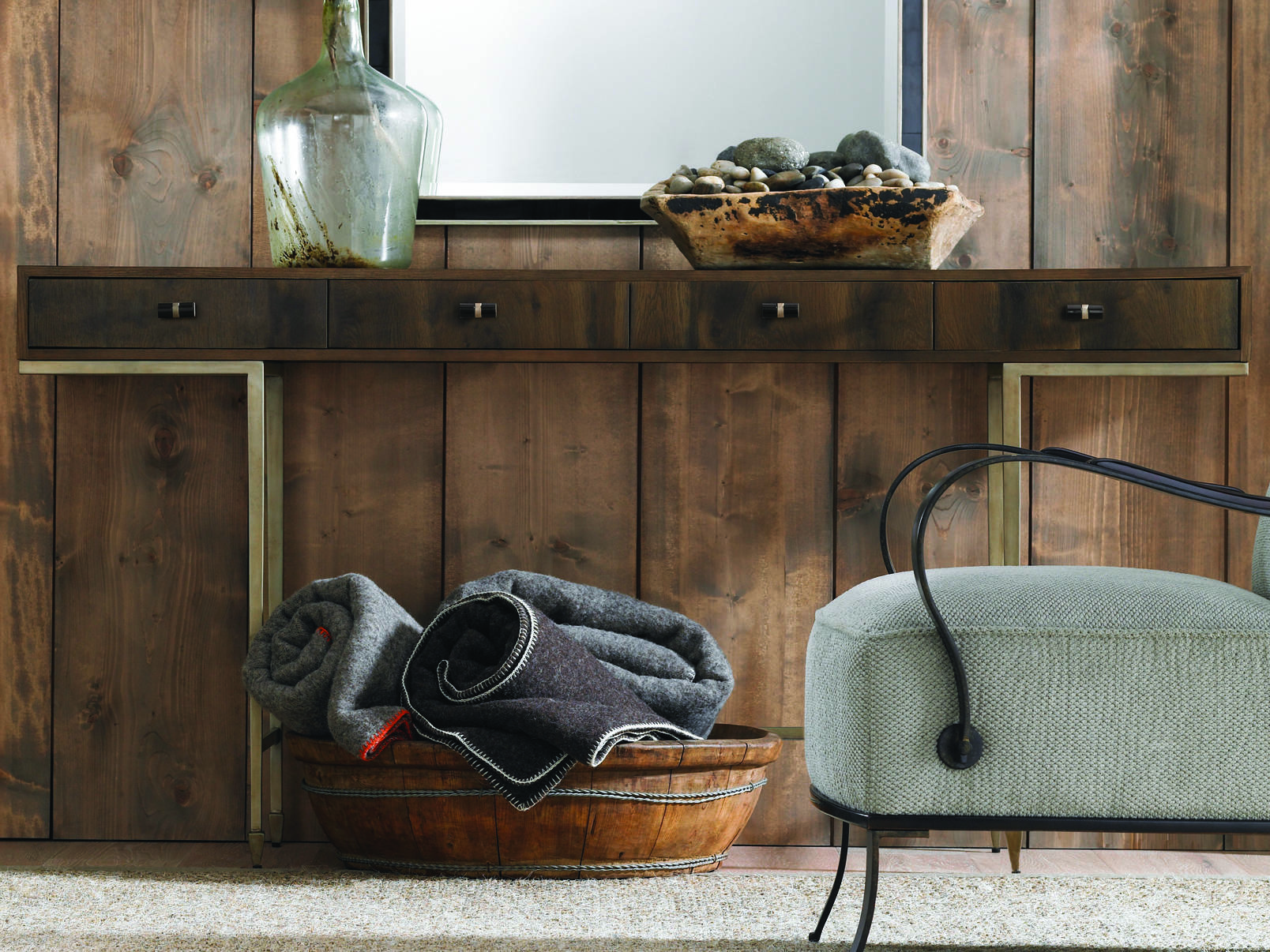 Caracole Modern Artisans Dark Fumed Oak With Matte Gold 68 W X 25 D Rectangular Four Drawer Console Table