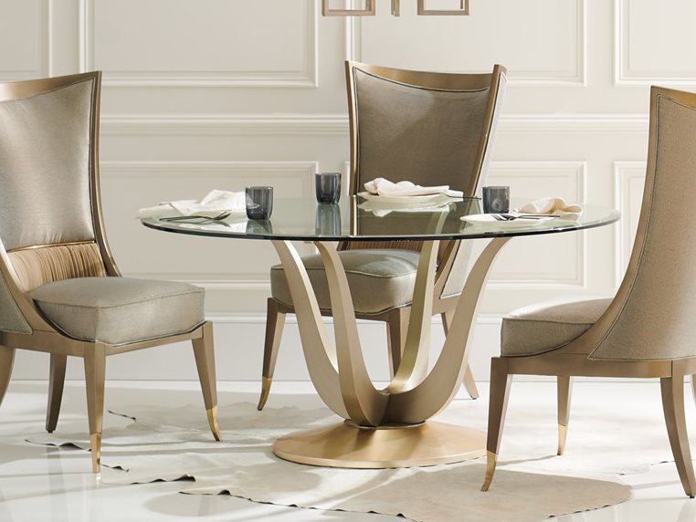 Caracole Classic Champagne Gold, Round Dining Room Table With Leaf And Chairs