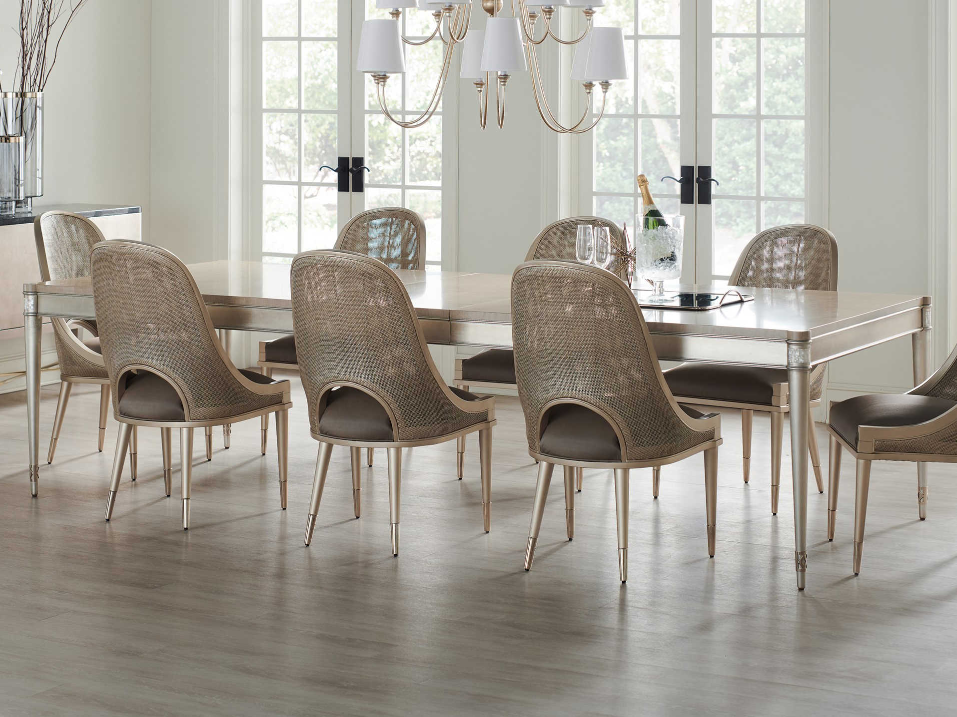 Caracole Classic Moonlit Sand / Soft Silver Leaf 95'' Wide Rectangular Dining Table CACCLA419207