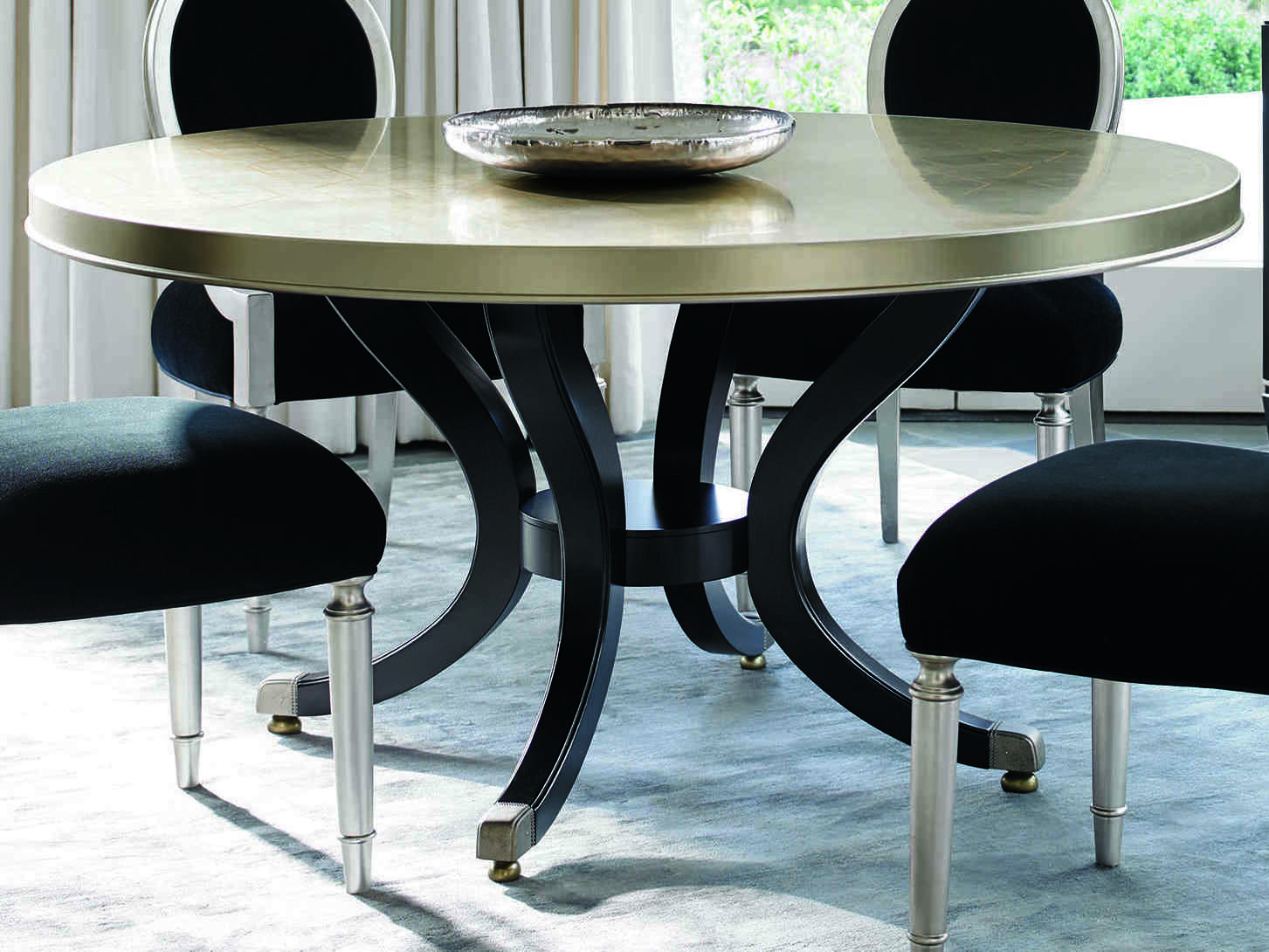Caracole Classic Taupe Silver Leaf With Gold Leaf Satin Ebony 60 Wide Round Pedestal Dining Table CACTRADINTAB006