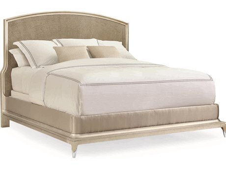 Caracole Classic Rise to the Occasion Silver Maple Soft Leaf Moonlight Sand Beige Upholstered King Panel Bed