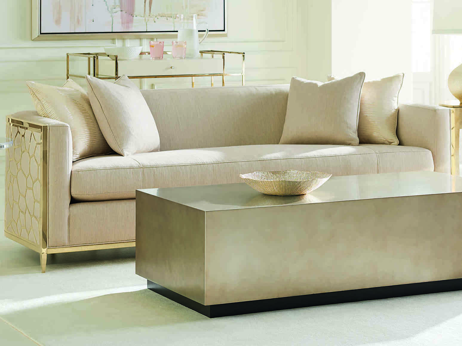 Caracole Upholstery Neutral Cream Gold Bullion Sofa Couch