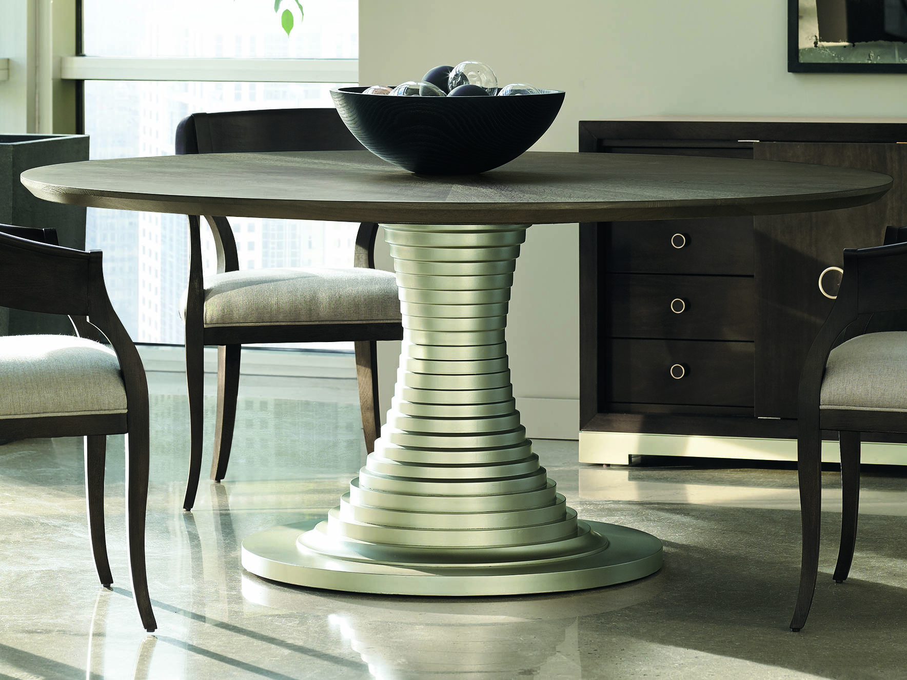 Caracole Modern Uptown Heathered Oak With Jazzy Taupe 68 Wide Round Pedestal Dining Table