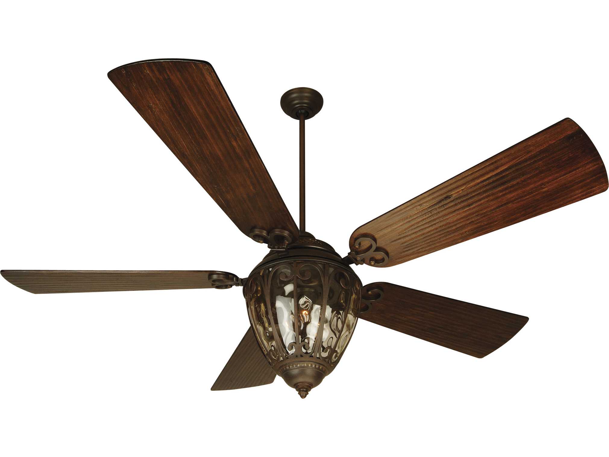 Craftmade Olivier Aged Bronze Textured Three Light 70 Inch Wide Ceiling Fan With Hand Scraped Walnut Blades And Amber Tinted Hammered Light Kit