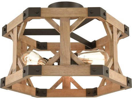 Elk Home Structure 3-Light Oil Rubbed Bronze Natural Wood Geometric Semi Flush Mount