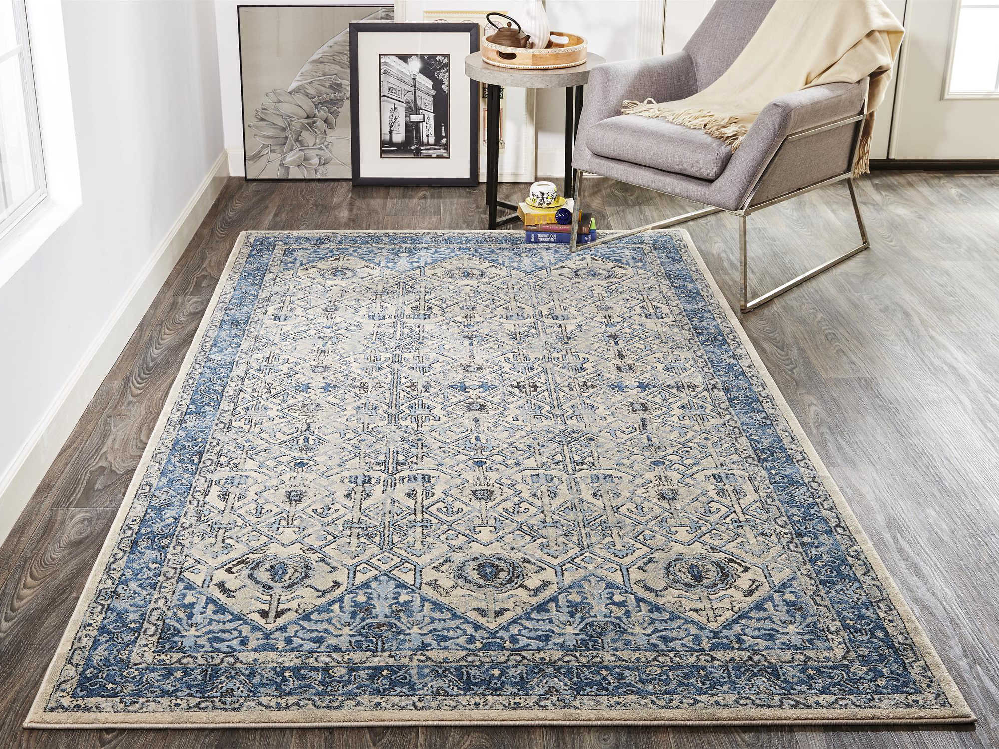Feizy Rugs Ainsley Ivory / Blue Rectangular Runner Area Rug
