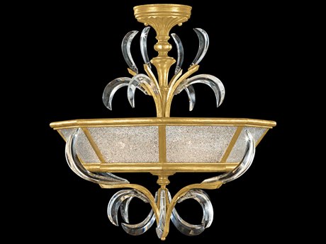 Fine Art Handcrafted Lighting Beveled Arcs 3-Light Gold Leaf Crystal Bowl Semi Flush Mount