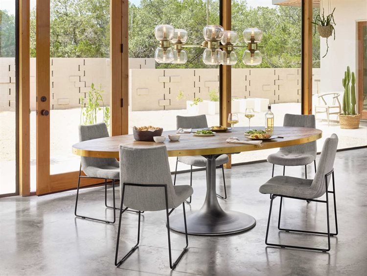 Four Hands Hughes Vessel Grey / Polished Brass Light Burnt Oak 98'' Wide Oval Dining Table