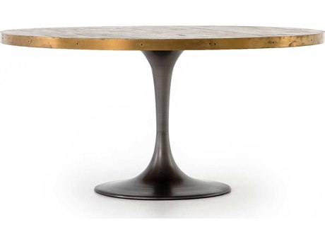 Four Hands Hughes Evans Round Metal Vessel Grey Polished Brass Light Burnt Oak Dining Table