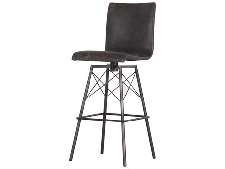 Four Hands Irondale Diaw Leather Swivel Upholstered Rialto Ebony Waxed Black Bar Stool