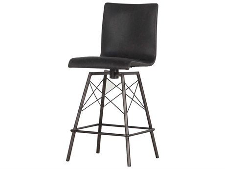 Four Hands Irondale Diaw Leather Swivel Upholstered Rialto Ebony Waxed Black Counter Stool
