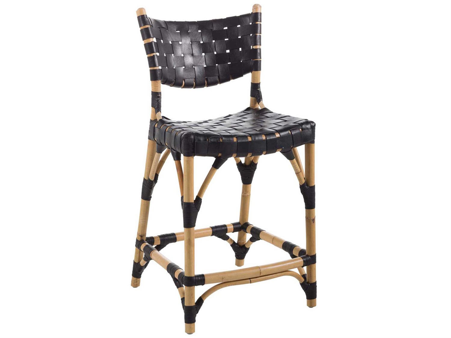 Gabby Home Morrison Black Leather, Natural Rattan Side Counter Height Stool GASCH158220