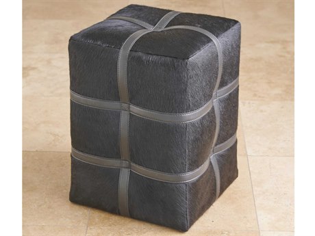 Global Views Belted Poof Black Hair On Hide Leather Ottoman