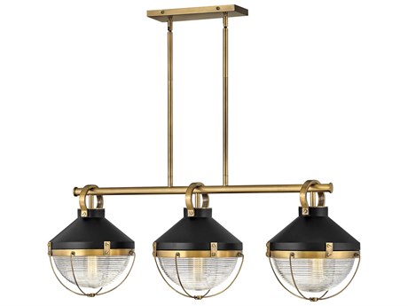 Hinkley Crew 3-Light Heritage Brass Black Glass Bell Island Pendant