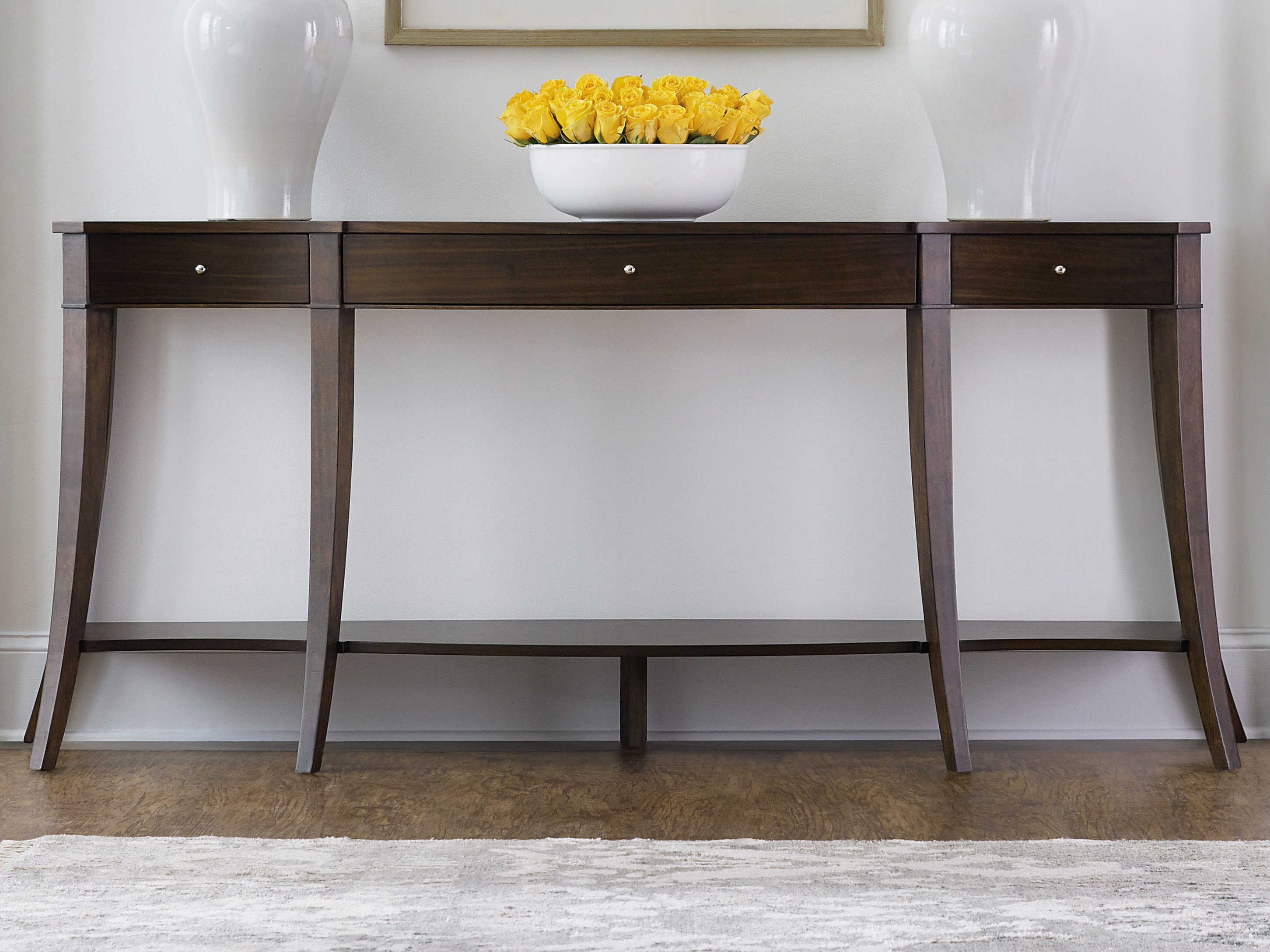 dark wood console table with drawers