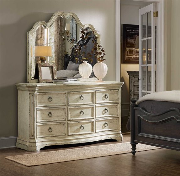 Hooker Furniture Auberose Antique White Triple Dresser With Wall
