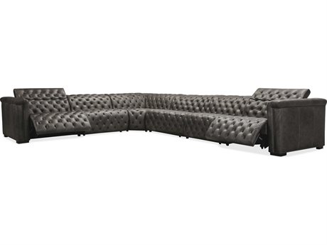 Hooker Furniture Savion Grandier 6-Piece Tufted Gray Leather Sectional Sofa with 3 Power Recline & Headrest