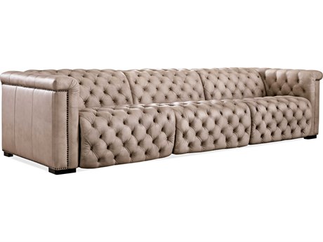 Hooker Furniture Savion Grandier Power Recliner Tufted Giovanni Taupe Dark Wood Beige Leather Sofa with Headrest