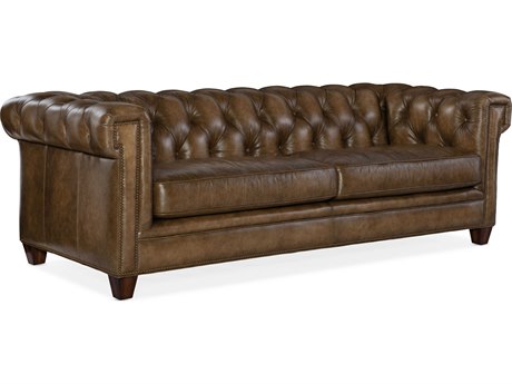 Hooker Furniture Chester Tufted Tianran Nature Dark Wood Brown Leather Sofa