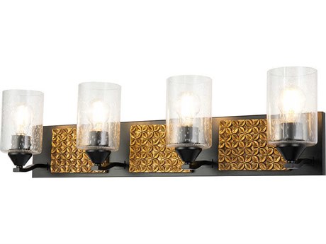 Lucas McKearn Arcadia 4-Light Matte Black Antiqued Gold Leaf Glass Vanity Light