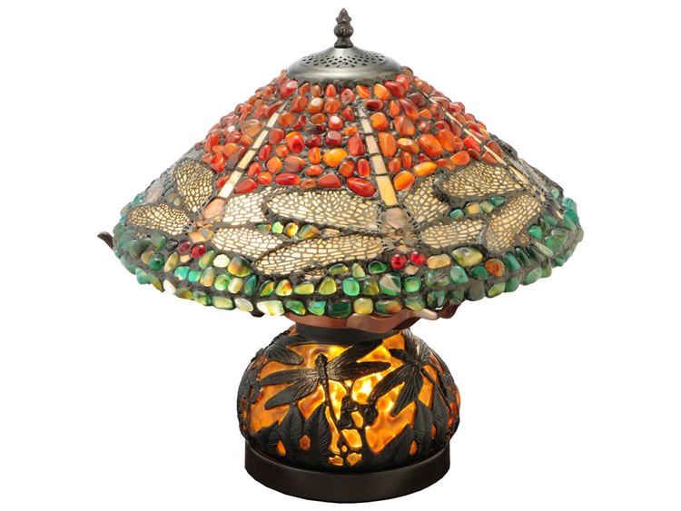 Meyda Dragonfly Polished Jasper Lighted Base Bronze Tiffany Table Lamp
