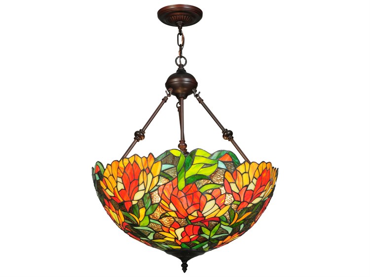Meyda 3-Light Bronze Glass Tiffany Bowl Pendant