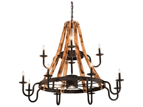 Meyda Barrel Stave 12 1-Light Natural Wood Black Candelabra Tiered Chandelier