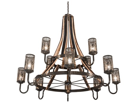 Meyda Barrel Stave 12-Light Natural Wood Timeless Bronze Cylinder Tiered Chandelier
