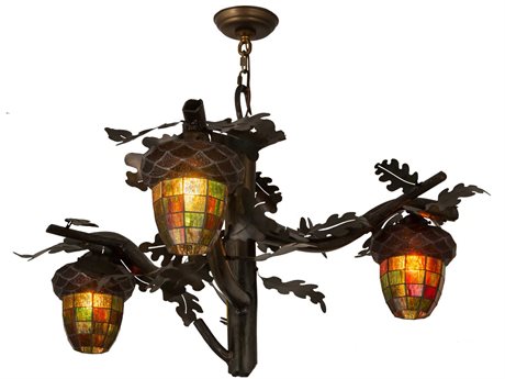 Meyda Acorn 3-Light Copper Glass Tiffany Bell Chandelier